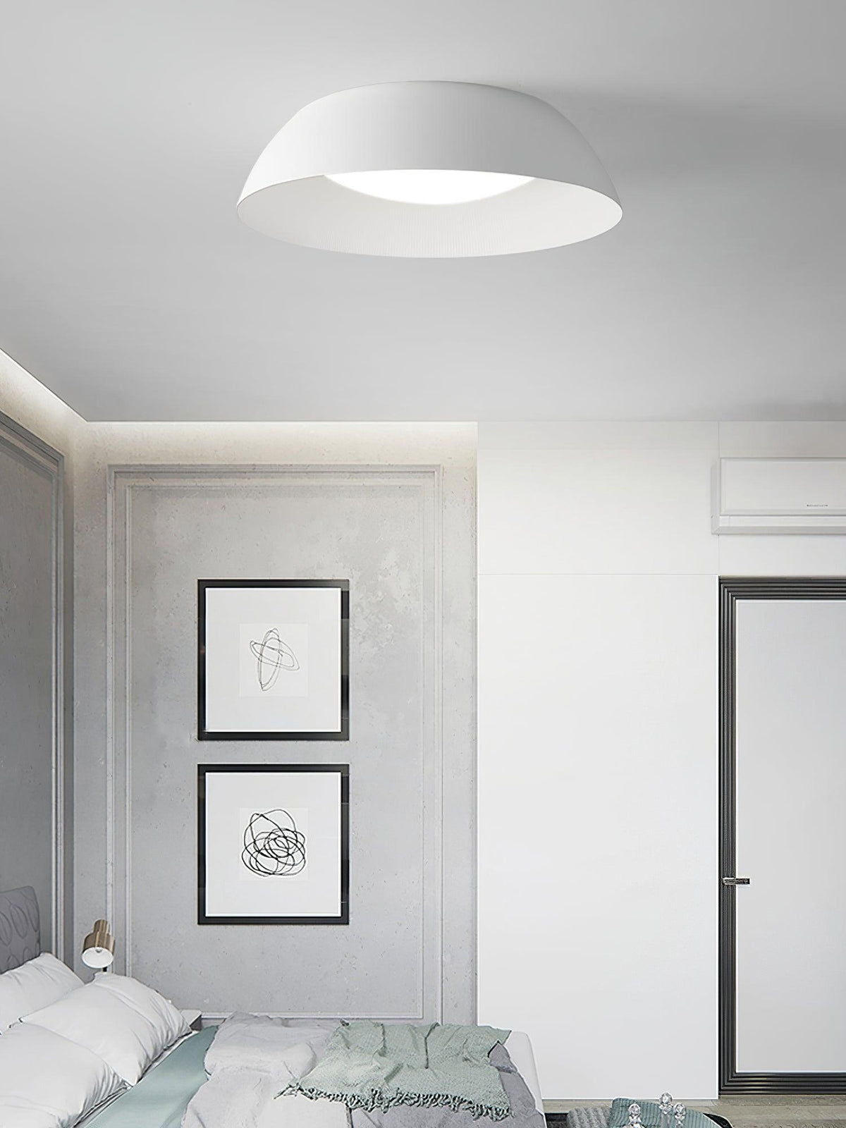 White dome ceiling light from Clérachic in a pale grey bedroom with panelled walls and two framed line drawings.