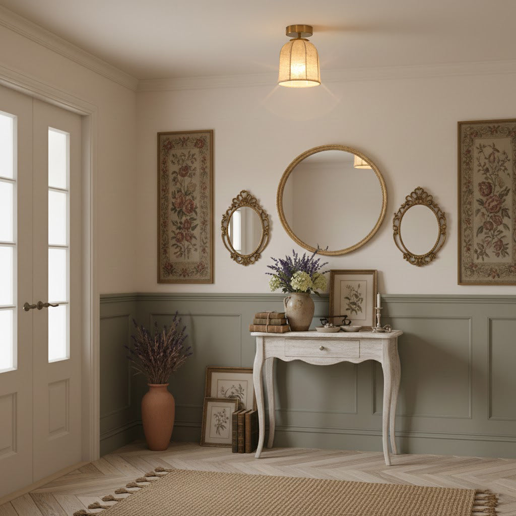 This Clérachic ceiling light lights a hall with a round gold mirror, small oval mirrors, tapestries and a white console on sage panelling.
