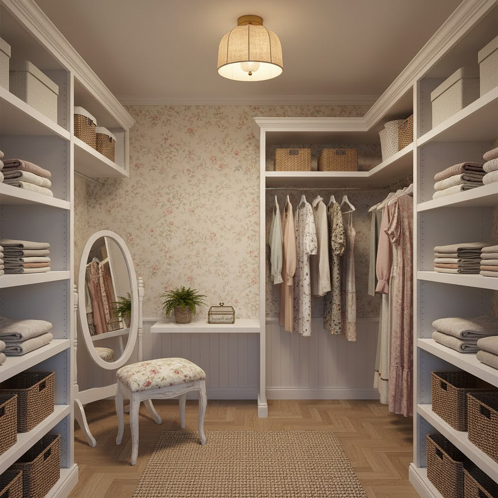 A wider Clérachic linen-shade ceiling light above a dressing area with open shelves, hanging clothes, baskets and a small floral stool.