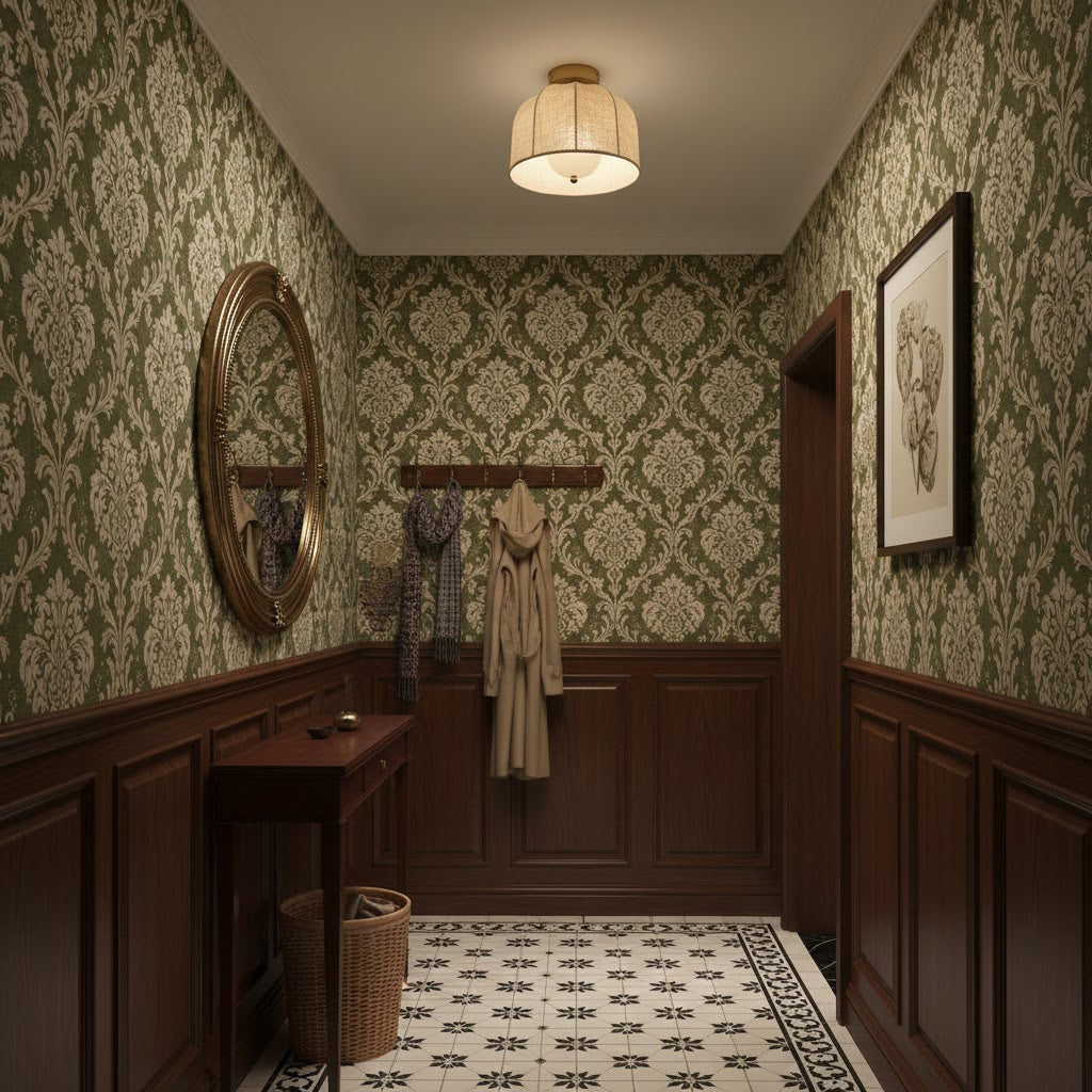 Clérachic linen-shade ceiling light in a hallway with green damask wallpaper, dark wood panelling, a round mirror and a coat on a hook.