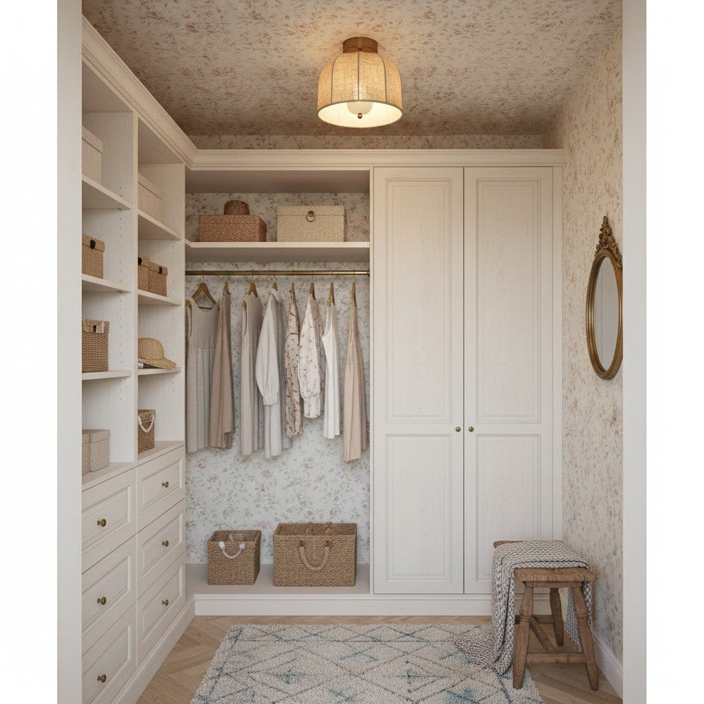 A Clérachic ceiling light with a linen shade in a narrow dressing room with white cupboards, floral wallpaper and a wooden stool.