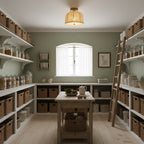 This Clérachic ceiling light hangs in a pantry-style room with green walls, an arched window, wicker baskets and a wooden worktable below.