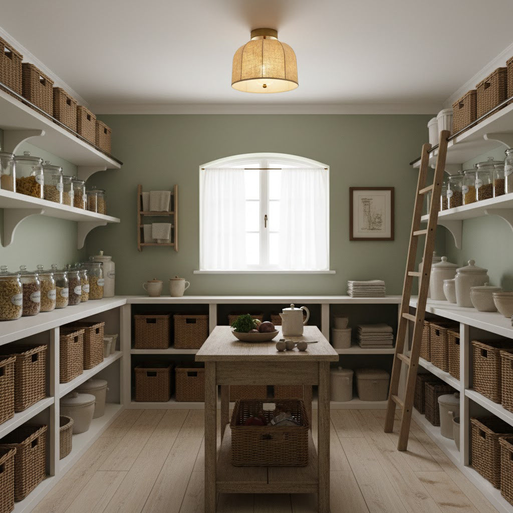 This Clérachic ceiling light hangs in a pantry-style room with green walls, an arched window, wicker baskets and a wooden worktable below.