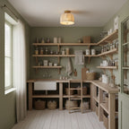 Clérachic linen-shade ceiling light in a room with a tall window, sage walls, open wooden shelves of glass jars and a ladder.