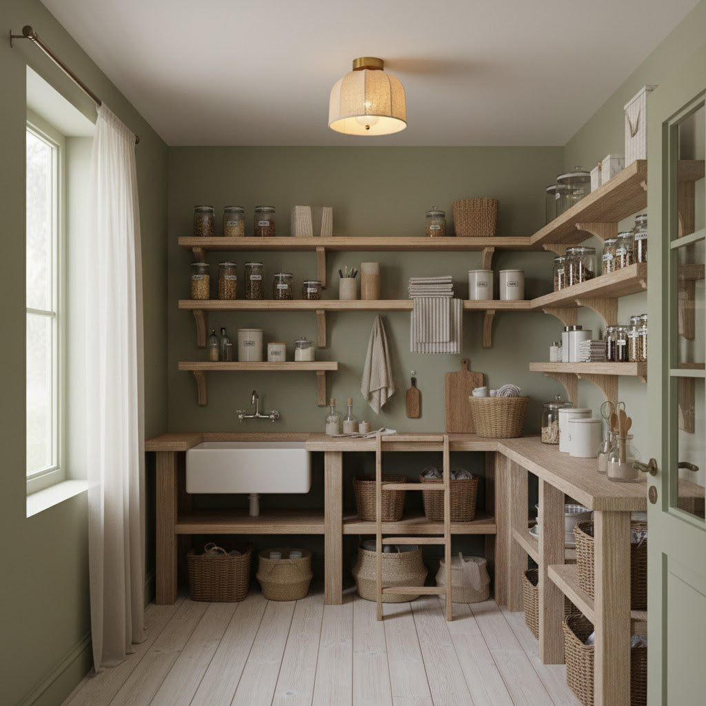 Clérachic linen-shade ceiling light in a room with a tall window, sage walls, open wooden shelves of glass jars and a ladder.