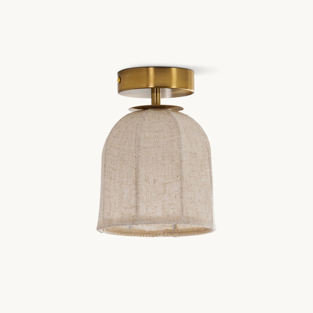 A Clérachic linen-shade ceiling light with a gold canopy, switched off, on a plain off-white backdrop.