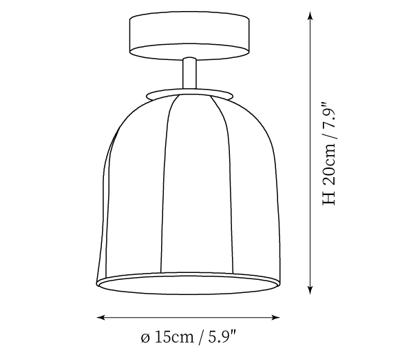 Clérachic ceiling light dimension drawing, 1 of 2, every measurement marked in centimetres and inches.