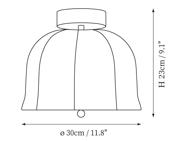 Clérachic ceiling light dimension drawing, 2 of 2, every measurement marked in centimetres and inches.