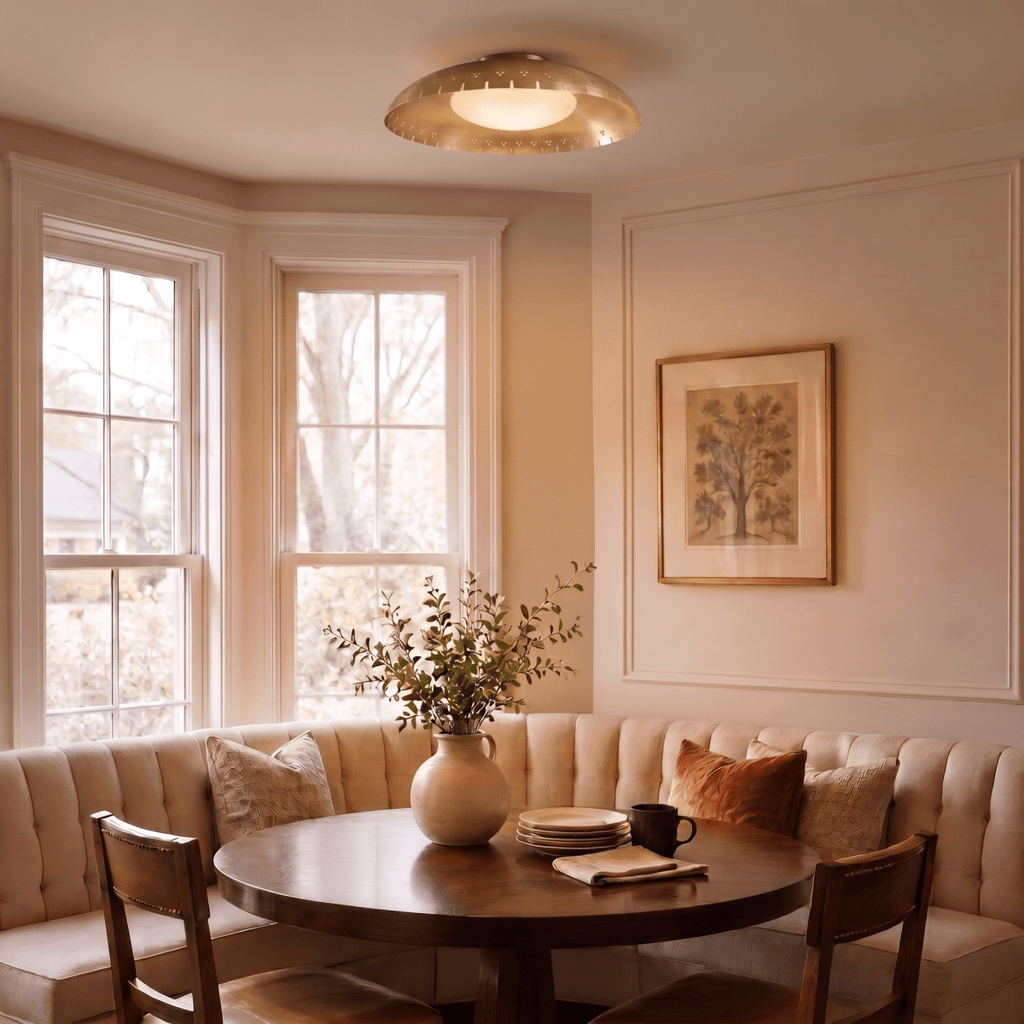 Clérachic ceiling light in brushed brass above a round table in a sunlit breakfast nook with bay windows.
