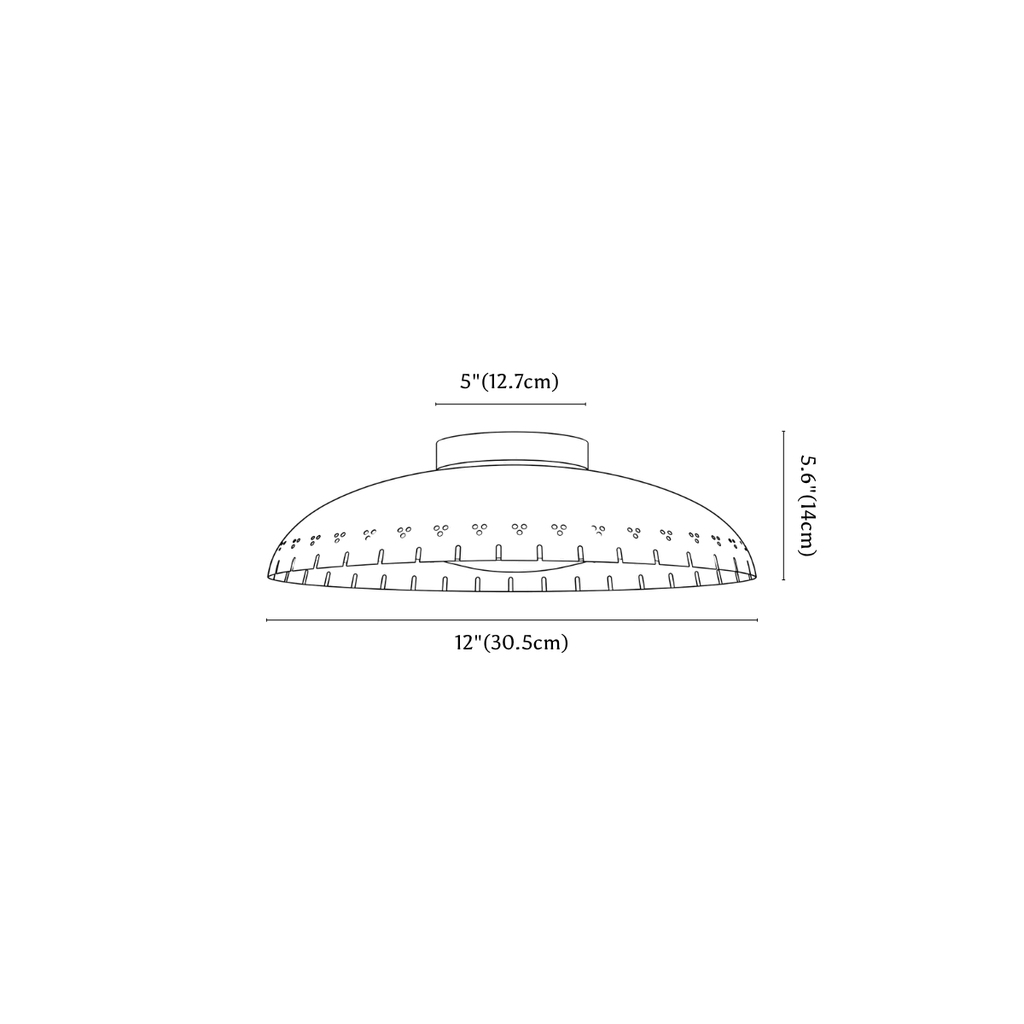 Clérachic ceiling light dimension drawing, every measurement marked in centimetres and inches.