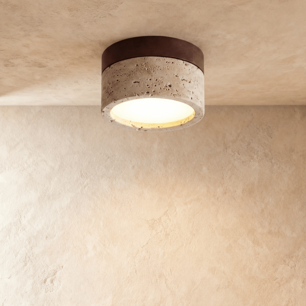 Clérachic ceiling light with a dark walnut band over a speckled travertine-look drum, mounted flush overhead.