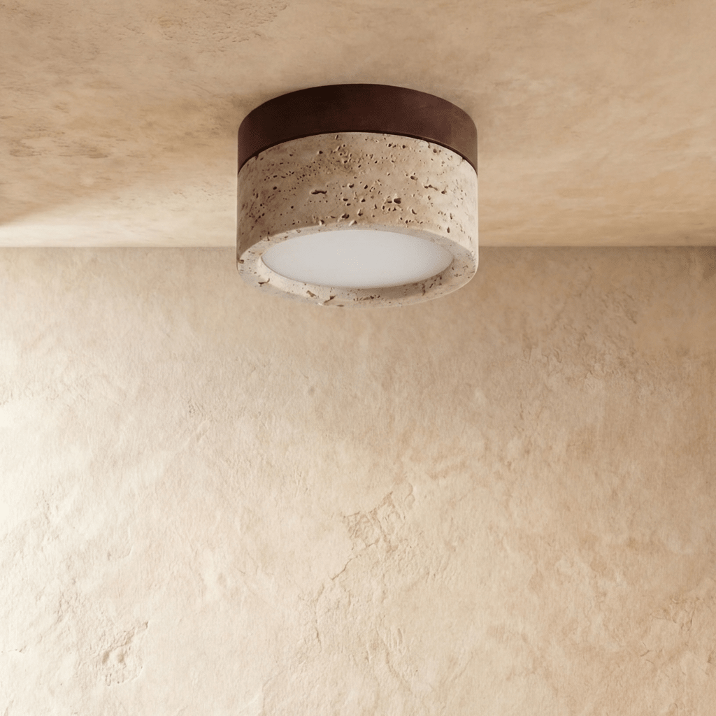 Clérachic ceiling light in walnut and travertine-look stone, the flush drum shade shown from another angle.