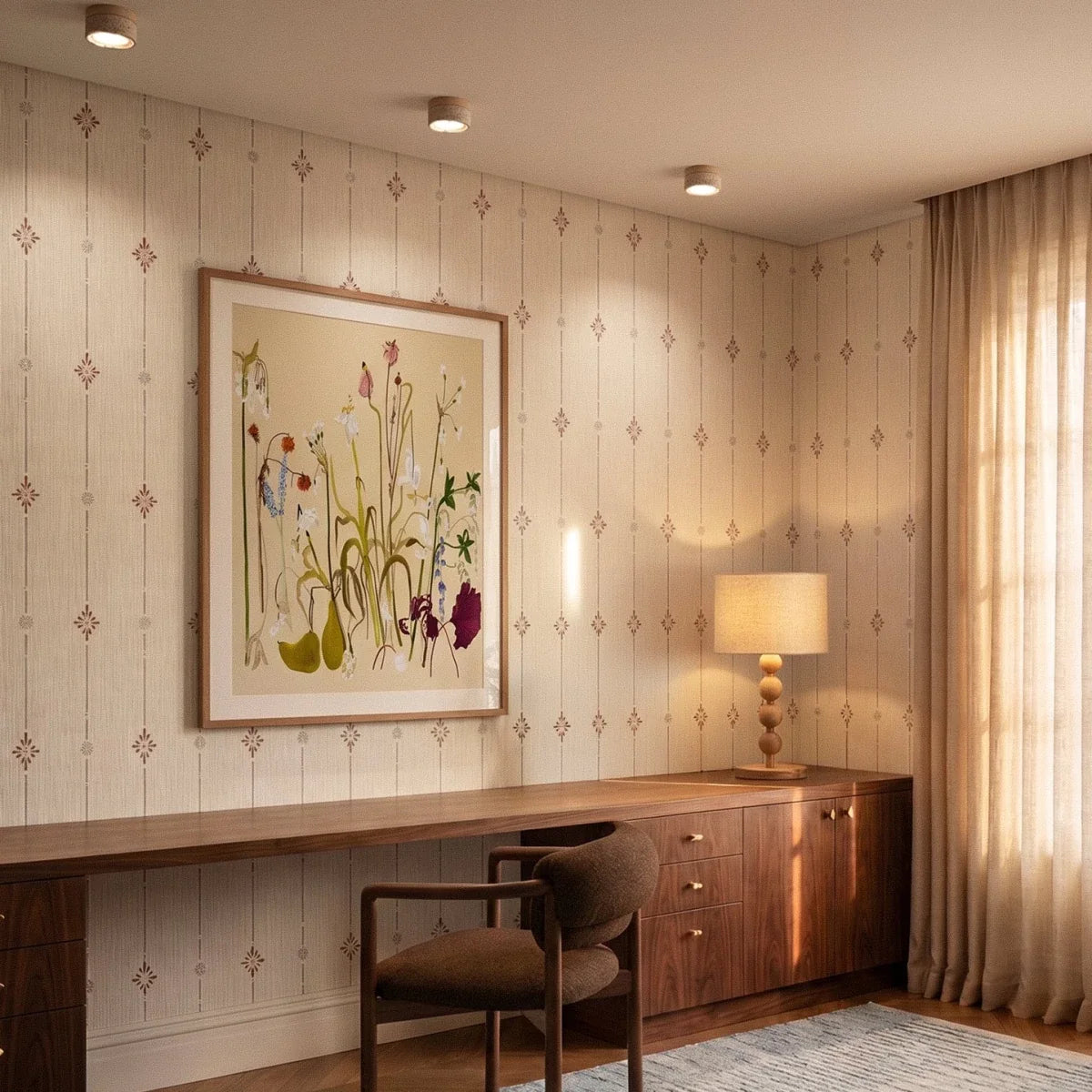 Clérachic ceiling lights in light wood glowing above a wallpapered home office with a wood desk and lamp.