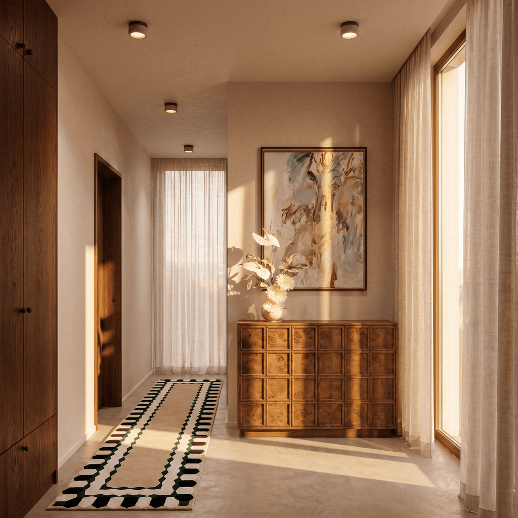 Clérachic ceiling lights glowing along a hallway lined with dark cabinetry and a framed painting.