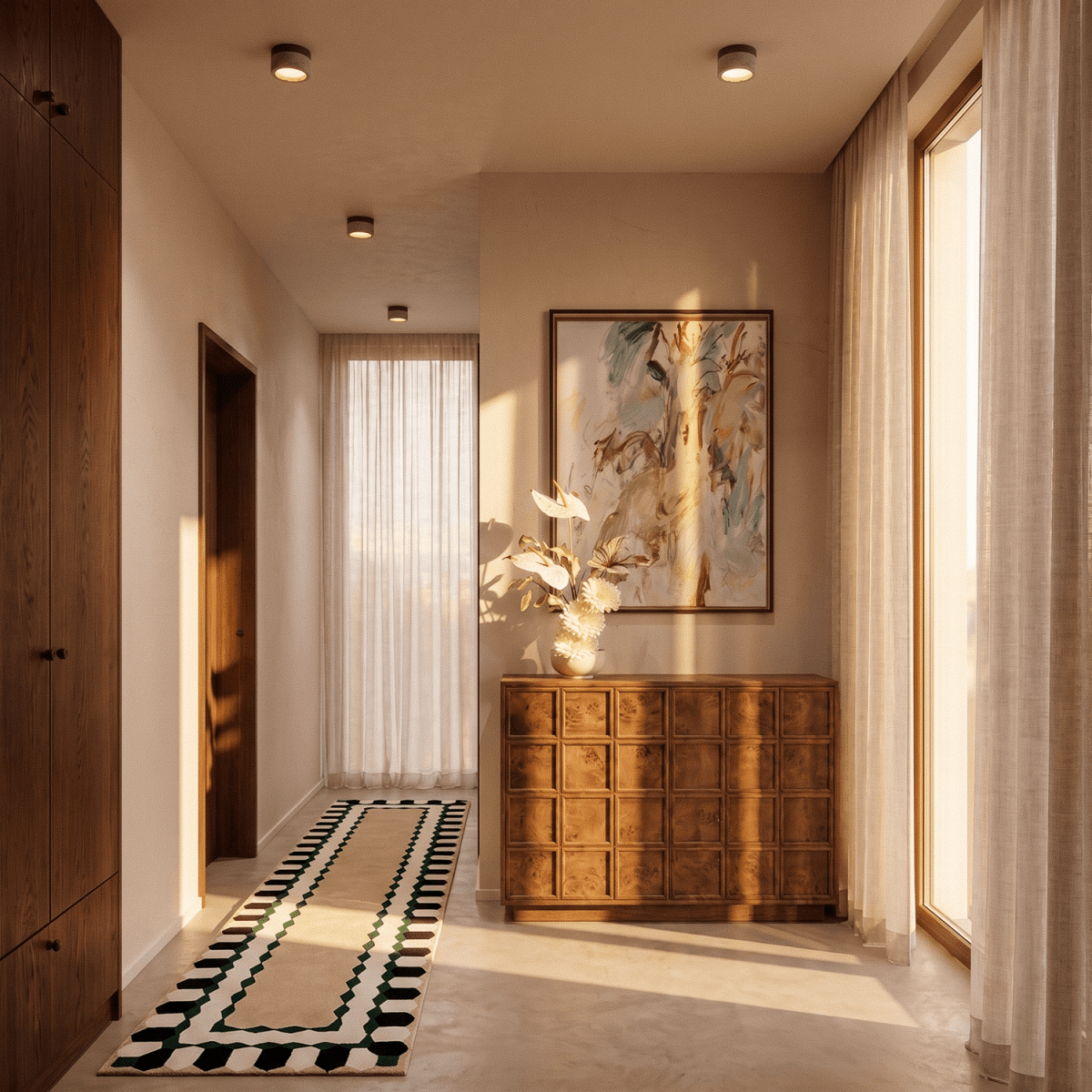 Clérachic ceiling lights glowing along a hallway lined with dark cabinetry and a framed painting.