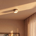 Clérachic ceiling light in walnut glowing beside a sunlit curtain and a corner of the room.