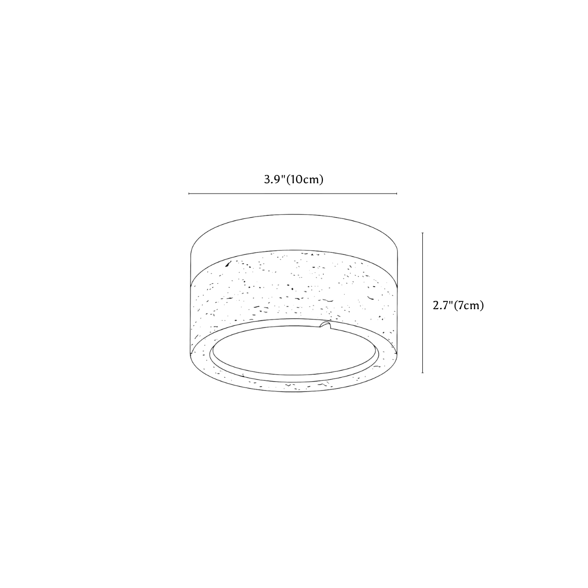 Clérachic ceiling light dimension drawing, every measurement marked in centimetres and inches.