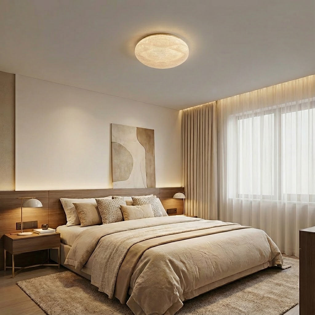 A low, round Clérachic ceiling light lit above a bed in a neutral bedroom with a wall-washed headboard panel.