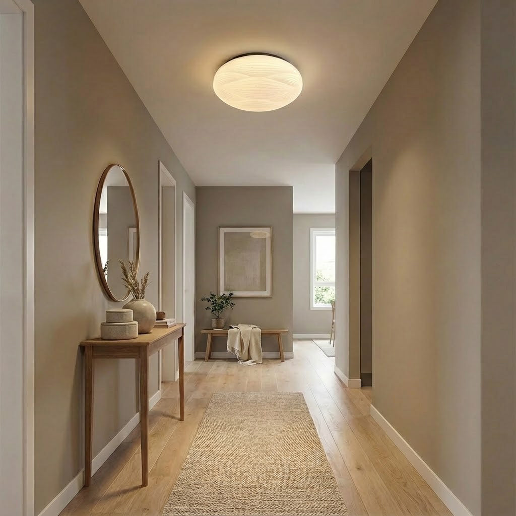 Lit Clérachic ceiling light in a long hallway with a round mirror, a wooden console table and a jute runner.