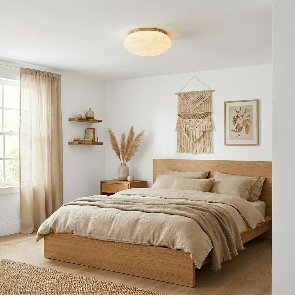 Above a pale wooden bed with linen bedding and a macramé wall hanging, a slim Clérachic ceiling light gives off a soft glow.