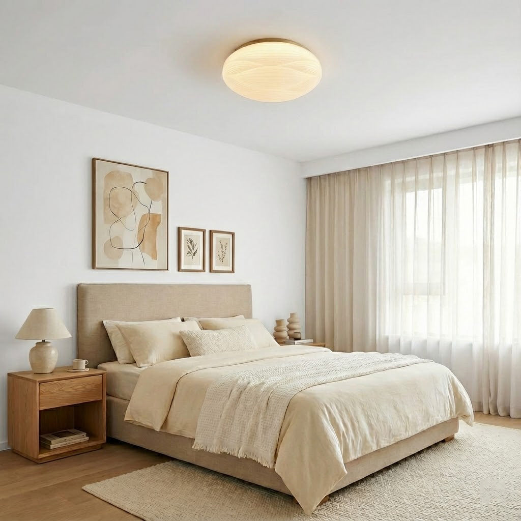 This Clérachic ceiling light lights a calm cream bedroom with framed abstract art and sheer curtains at the window.