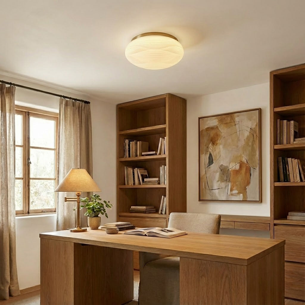 A gold-rimmed Clérachic ceiling light hangs low over a wooden desk, with a table lamp and bookshelves beside it.