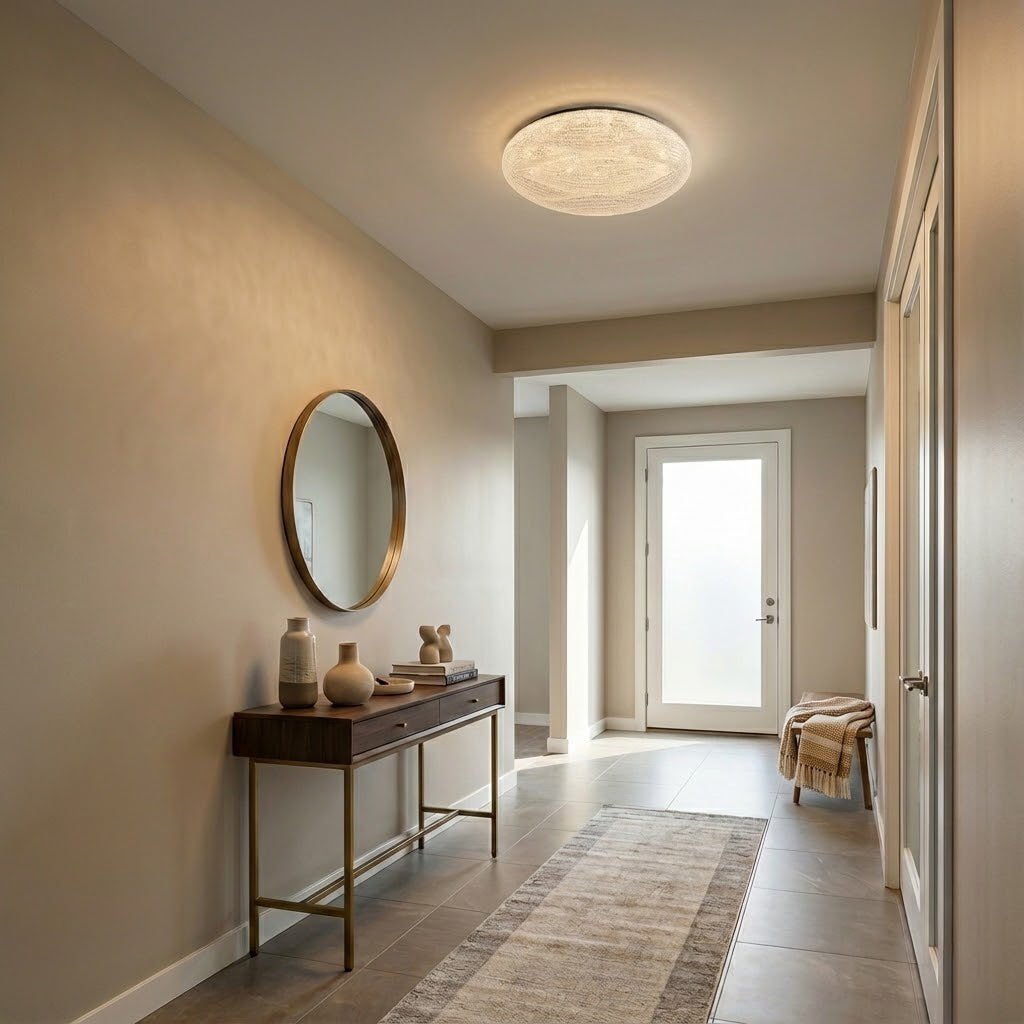 A crystal-textured Clérachic ceiling light sits above a hallway console with a round brass-framed mirror.