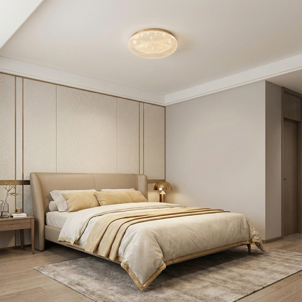 Textured Clérachic ceiling light over a bed with a taupe upholstered headboard in a bedroom with panelled walls.