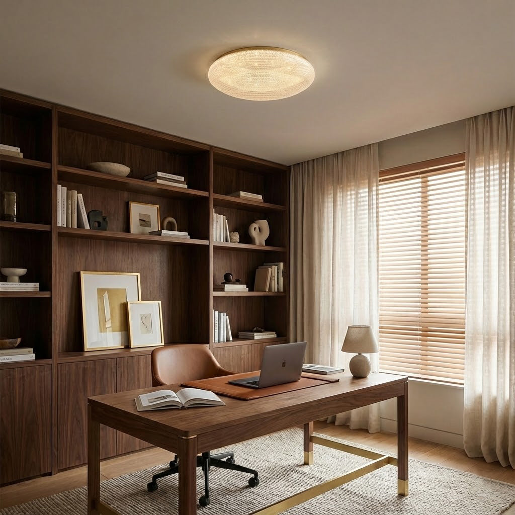 A textured-shade Clérachic ceiling light above a dark wooden desk and built-in shelves, with blinds and sheer curtains.