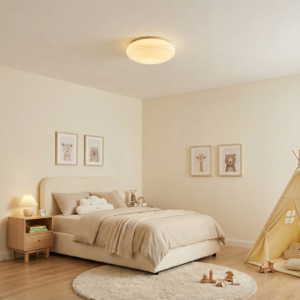 This Clérachic ceiling light glows in a child's bedroom with a play tent, framed animal prints and a round rug.