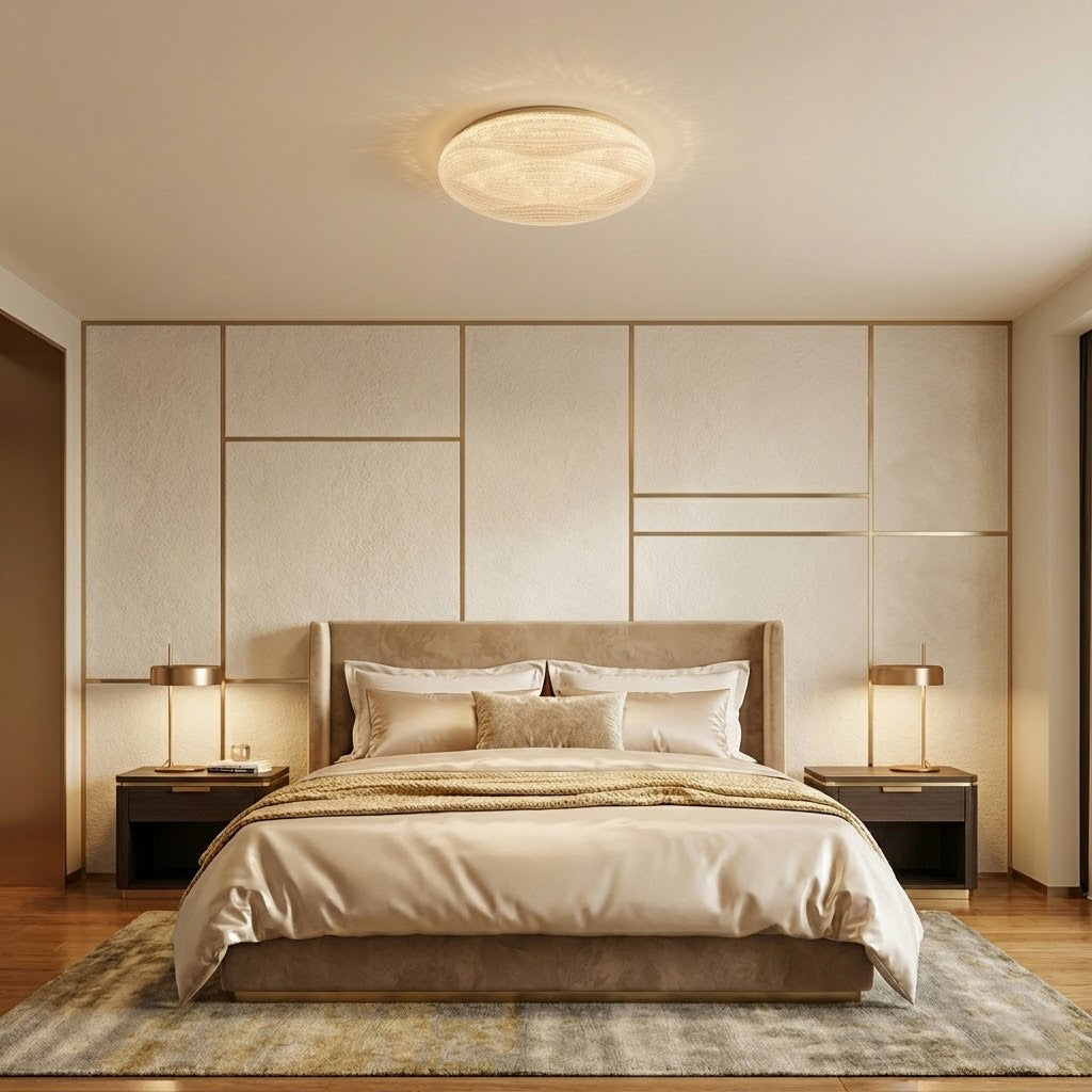 A textured Clérachic ceiling light lit above a king bed with a camel headboard and two bedside lamps.