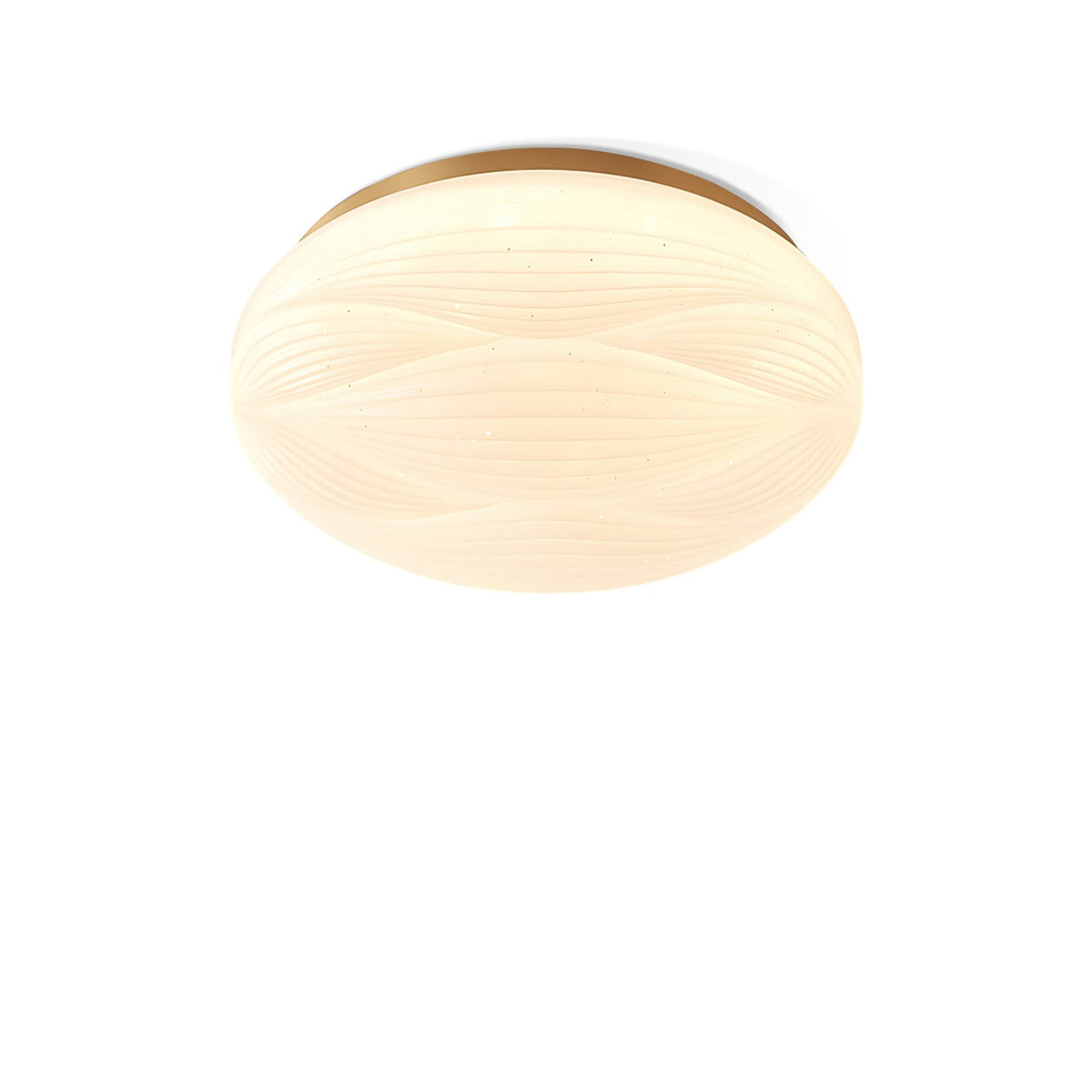 This Clérachic ceiling light has a gold rim and a lit ribbed shade, shown from slightly below on a white backdrop.