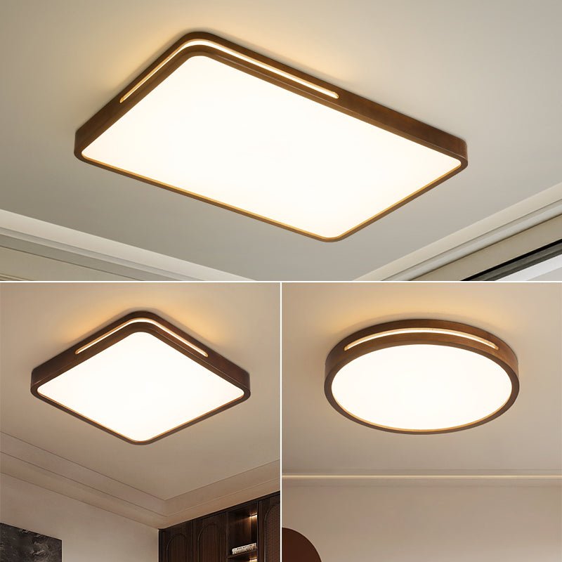Three Clérachic ceiling lights in a collage: a large rectangle on top, with a square and a round one below, all in dark wood.