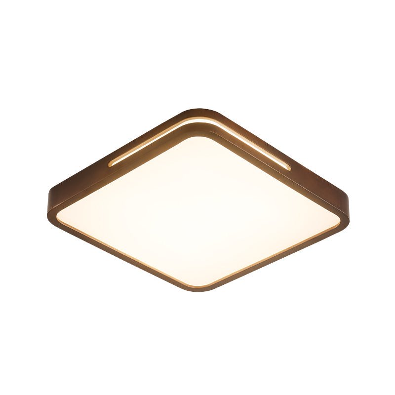 Square Clérachic ceiling light with a dark walnut frame and rounded corners, shown on white with its frosted panel lit.