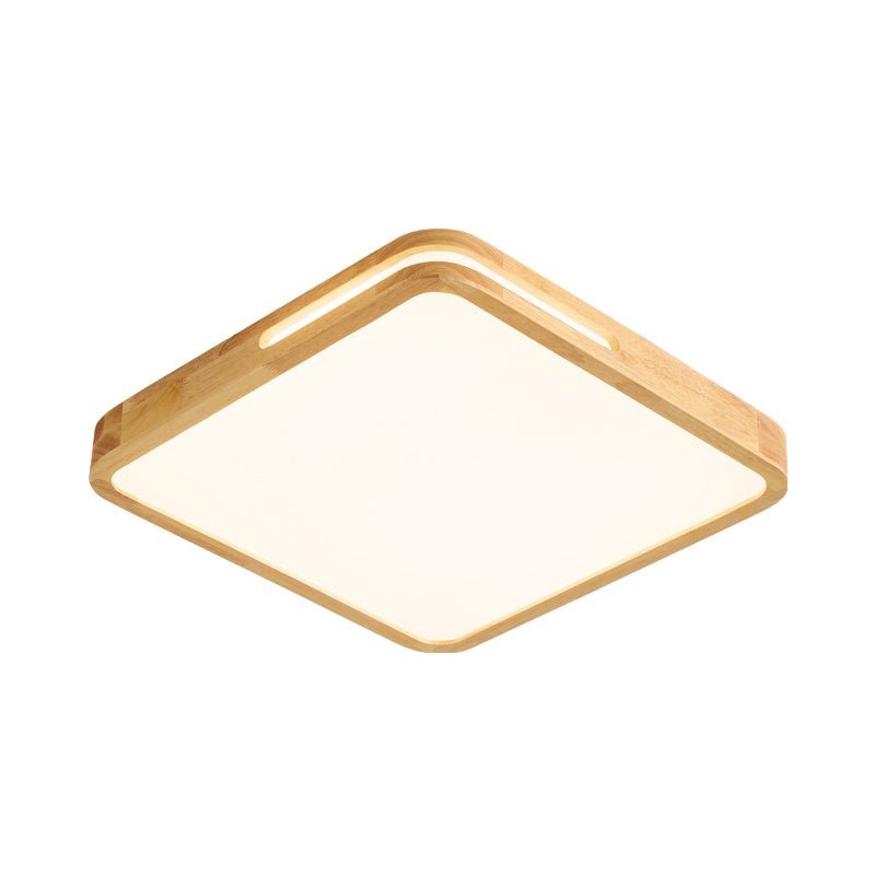 Square ceiling light from Clérachic in a light wood finish, with rounded corners and a slotted rim, seen on white.