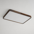 Unlit rectangular ceiling light from Clérachic with a dark walnut frame and a pale frosted panel, against a grey ceiling.