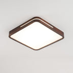 Square walnut-frame Clérachic ceiling light lit in a bright, neutral white, with its slotted rim visible on one side.