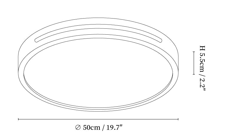 Dimension drawing of this Clérachic ceiling light, with its 50 cm diameter and 5.5 cm height marked.