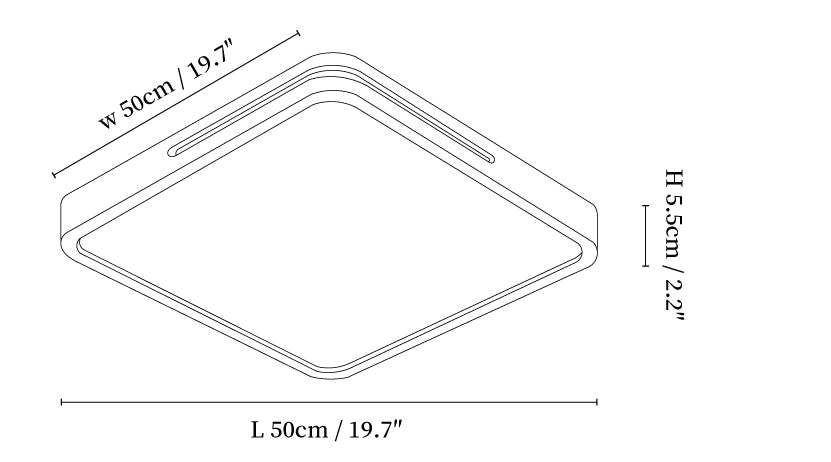 Dimension drawing of this Clérachic square ceiling light, with its 50 cm length and width and its height marked.