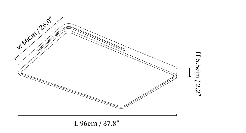 Dimension drawing of this Clérachic rectangular ceiling light, with its 96 cm length, 66 cm width and height marked.