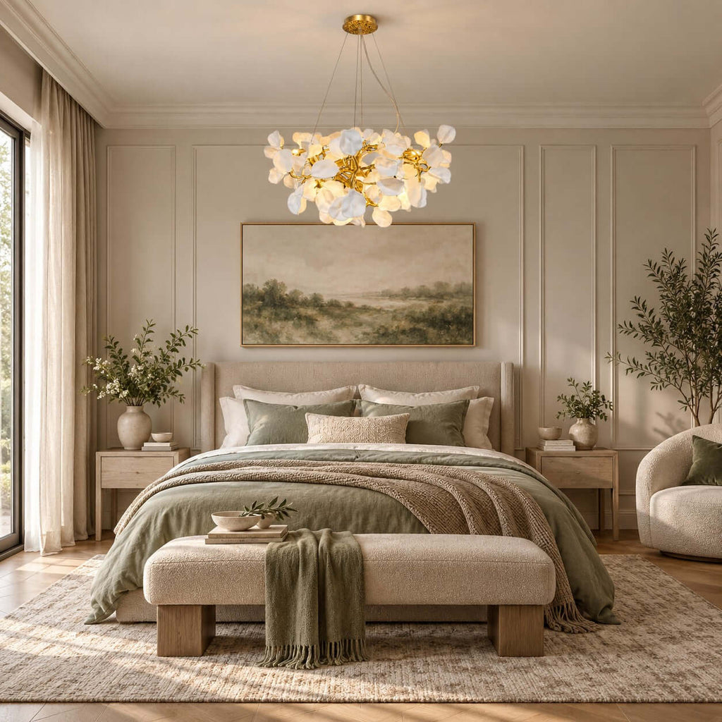 The Clérachic petal chandelier glows above a bed with a sage throw and wooden bench, in a pale panelled bedroom.