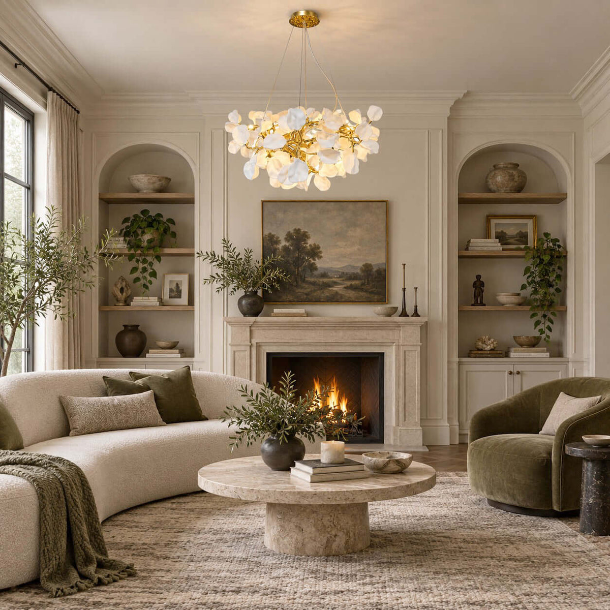 A Clérachic chandelier of ceramic petals hangs in a living room with a curved cream sofa, a stone coffee table and a lit fireplace.