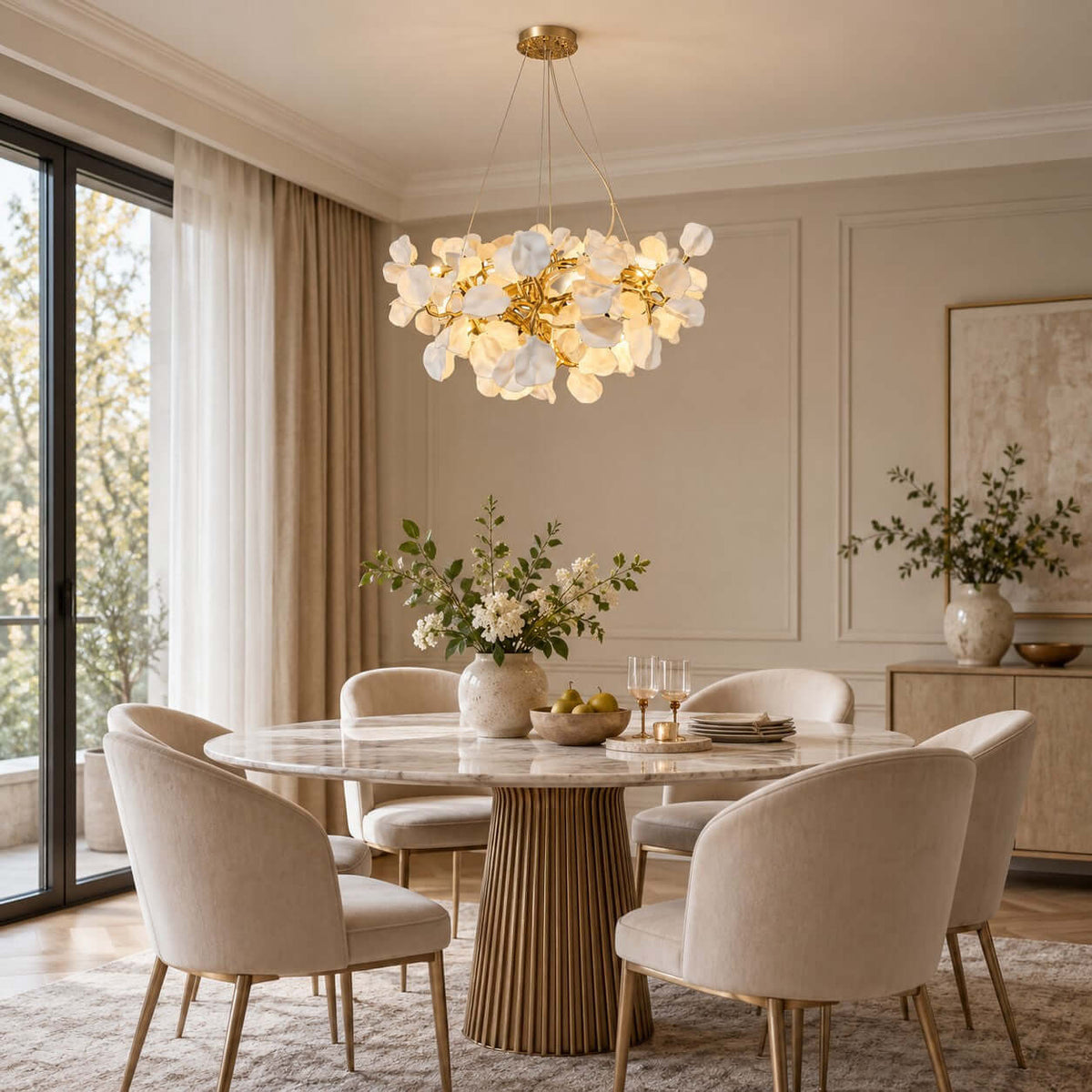 The Clérachic chandelier lights a round dining table with fluted base and cream chairs, beside a tall window with floor-length curtains.