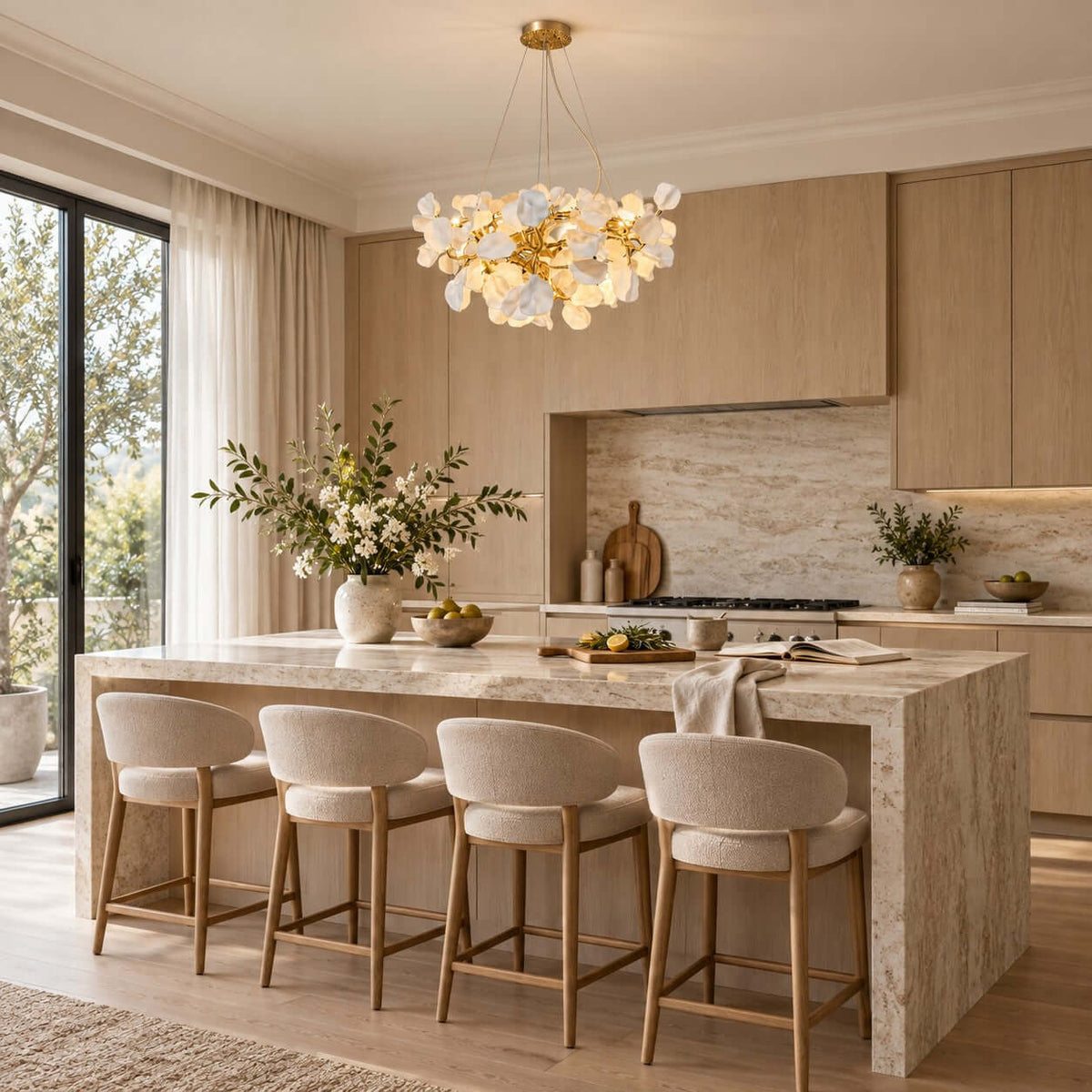 A Clérachic petal chandelier above a marble-fronted kitchen island with four pale stools and light oak cabinets behind.