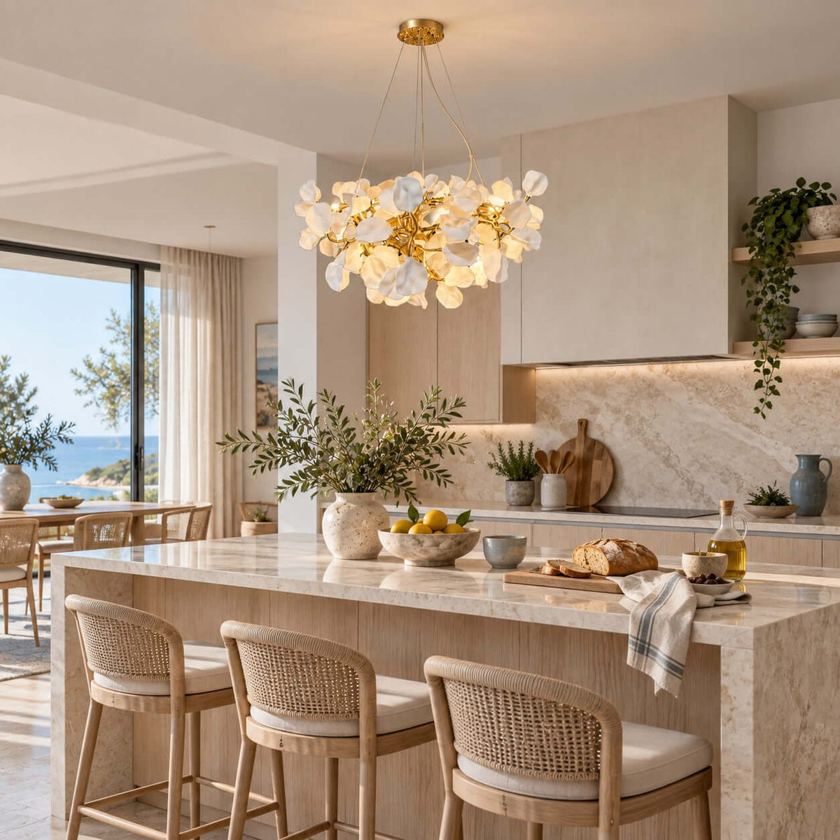 The Clérachic chandelier over an open kitchen with a stone island and rattan stools, and a sea view through the glazed wall.