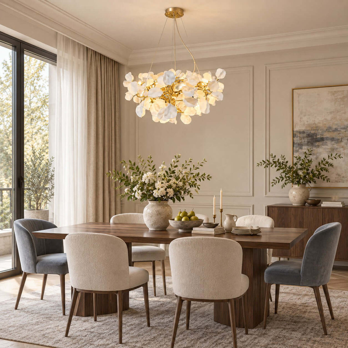 A Clérachic chandelier of white ceramic petals hangs above a wooden dining table with grey and cream chairs in a high-ceilinged room.