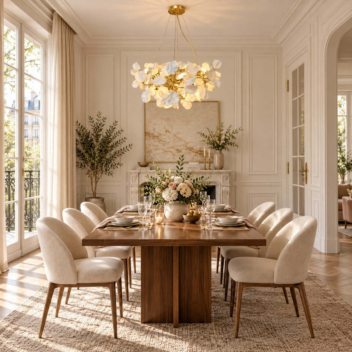 A Clérachic chandelier hangs over a long walnut dining table set for dinner, in a panelled room with French doors.