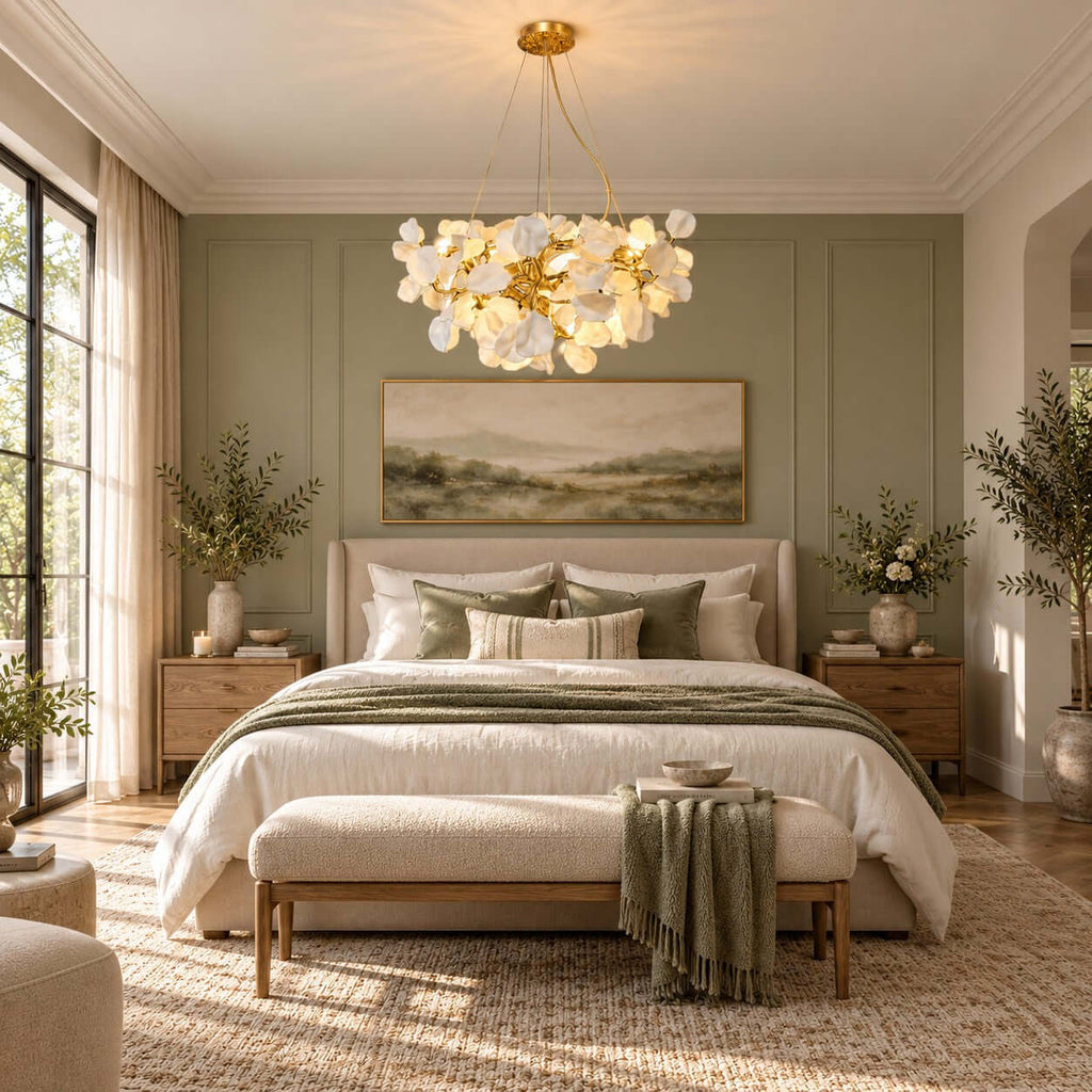 This Clérachic chandelier lit in a bedroom with sage-green panelling, a white bed, a linen bench and a landscape painting.