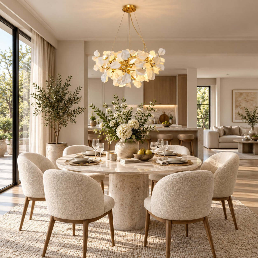 A Clérachic petal chandelier hangs over a round stone-based dining table with boucle chairs, an open kitchen behind.