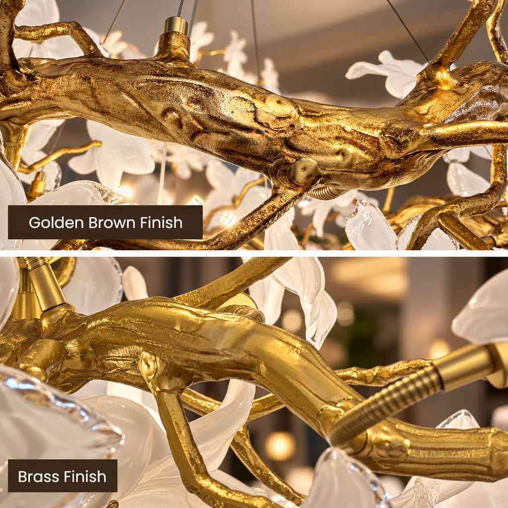 Two close views of the textured gold vine on this Clérachic chandelier, one in a golden brown finish and one in brass.